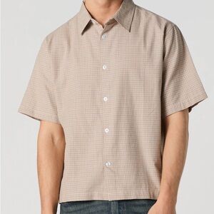 Brand new urban man boxy short sleeve button up shirt men’s Large beige plaid